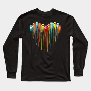 Cat Paws Heart Watercolor Painting Heart Cat Paw Rainbow Long Sleeve T-Shirt